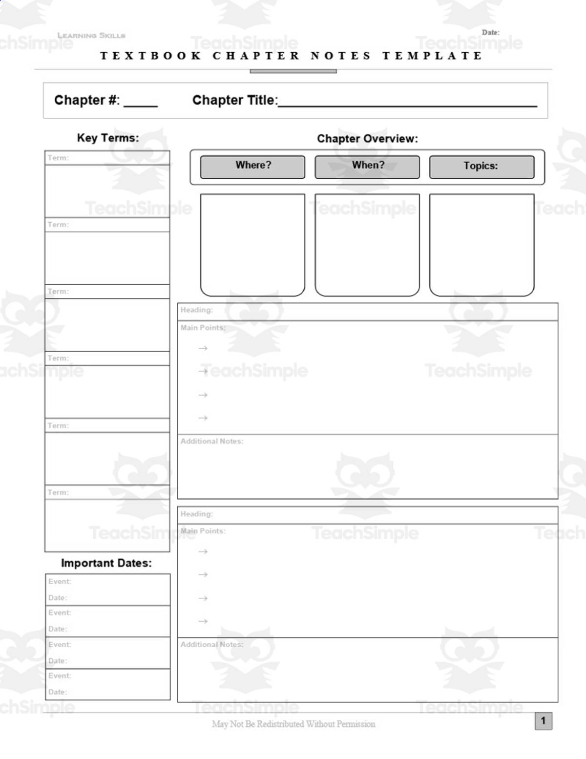 An educational teaching resource from Creating History entitled Textbook Chapter Notes – Structured Template downloadable at Teach Simple.