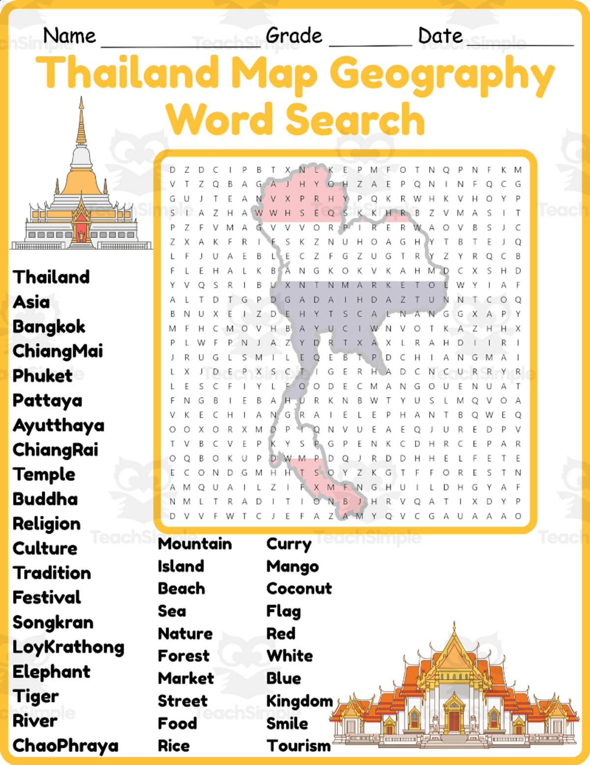 An educational teaching resource from Classsimple entitled Thailand Map Geography Word Search 2rd 3th 4th 5th Grade worksheet downloadable at Teach Simple.