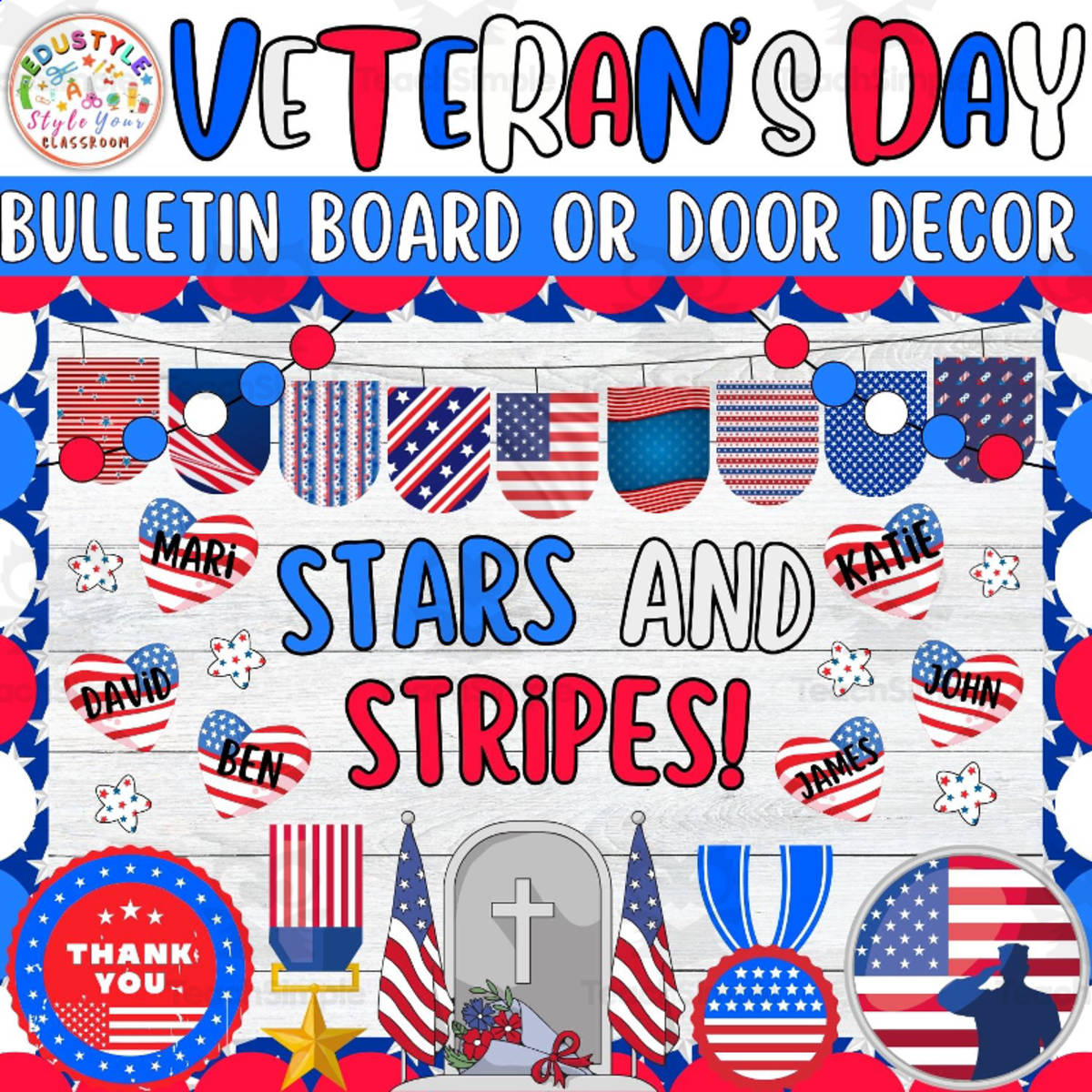 An educational teaching resource from Style Your Classroom entitled Thank You for Our Freedom!: Bulletin Boards or Door Decor Kits downloadable at Teach Simple.