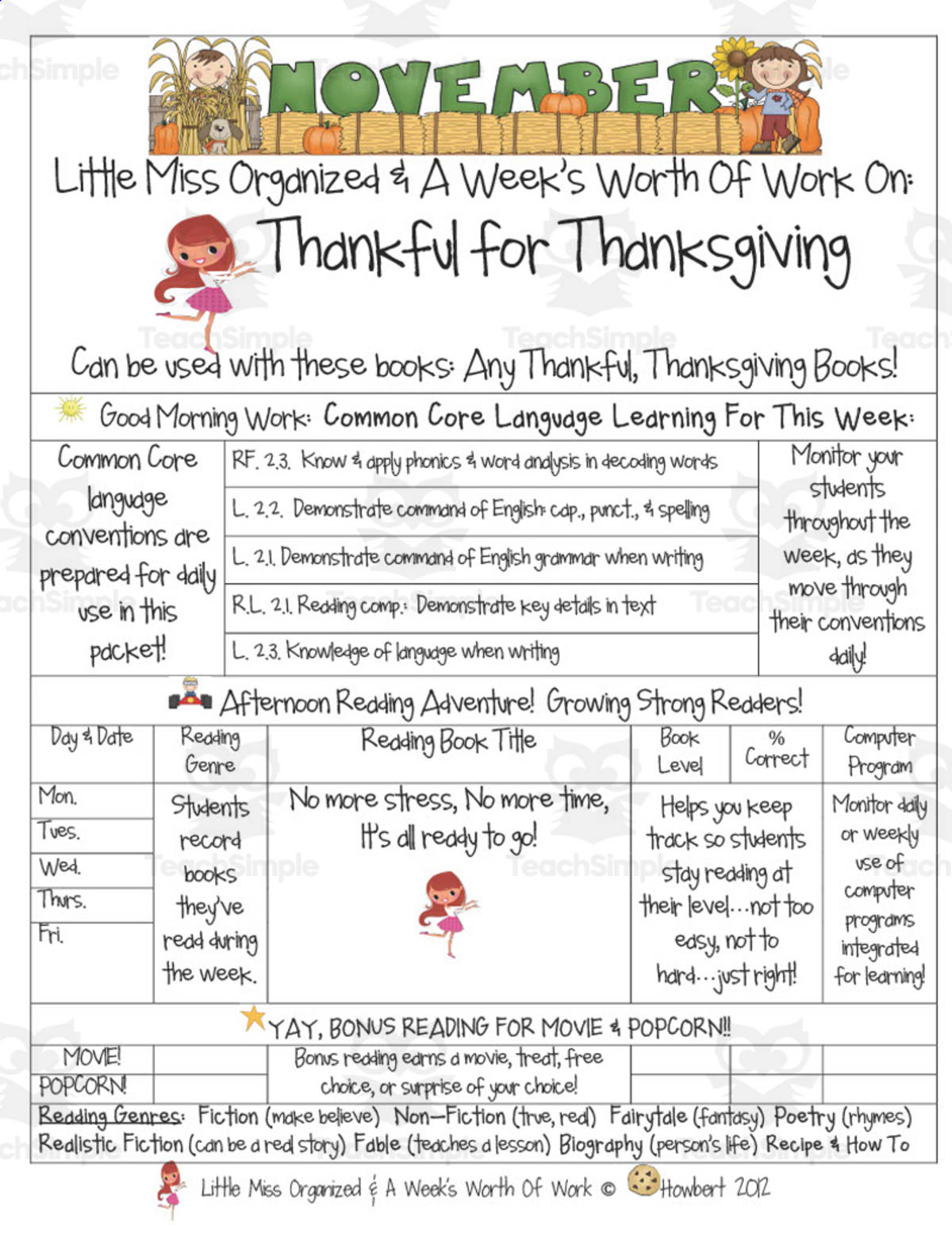 An educational teaching resource from Second Grade Smartypants entitled Thankful for Thanksgiving | Reading Activity Packet downloadable at Teach Simple.