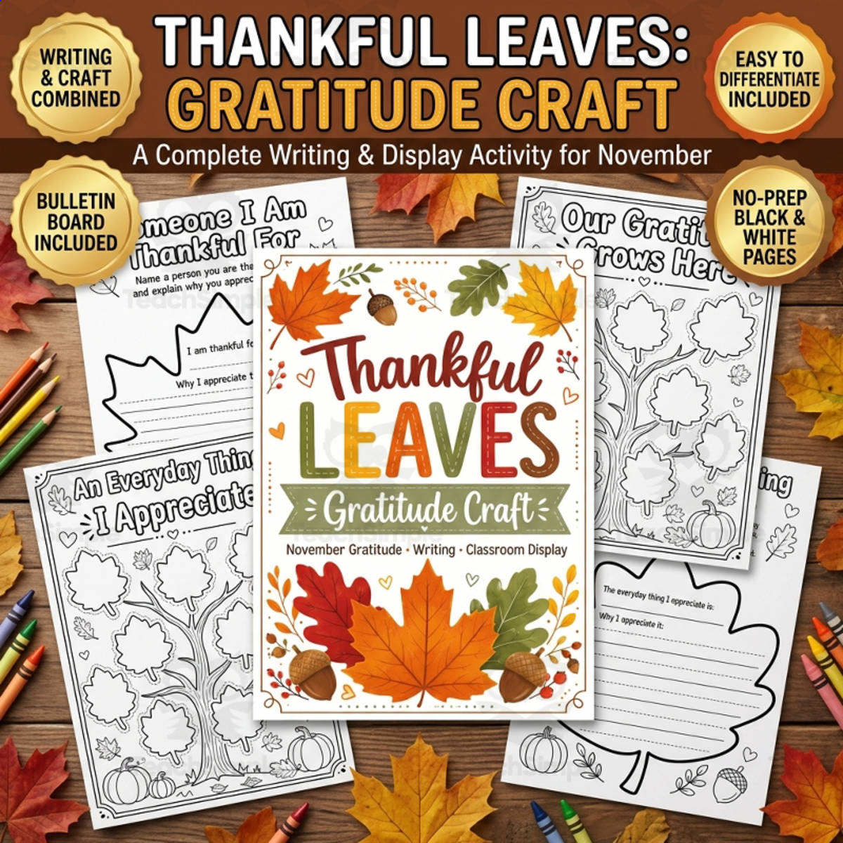An educational teaching resource from TeachTrend Studio entitled Thankful Leaves Gratitude Craft | Thanksgiving downloadable at Teach Simple.