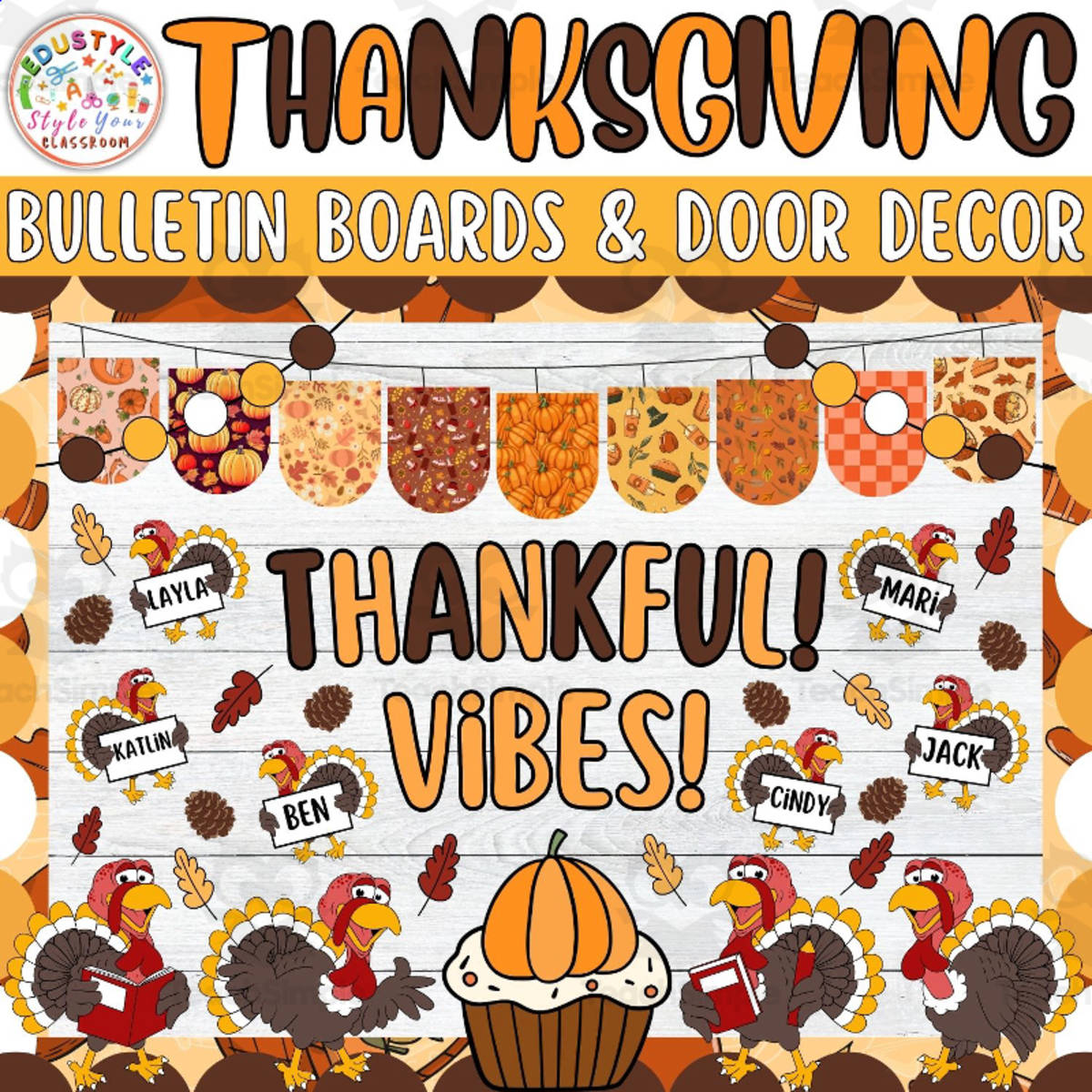 An educational teaching resource from Style Your Classroom entitled Thankful Vibes! : Thanksgiving & Fall Bulletin Board or Door Decor Kit downloadable at Teach Simple.