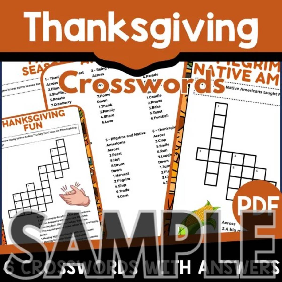 An educational teaching resource from Cored Education entitled Thankgiving Crossword: 1 Page Sample (PDF) downloadable at Teach Simple.