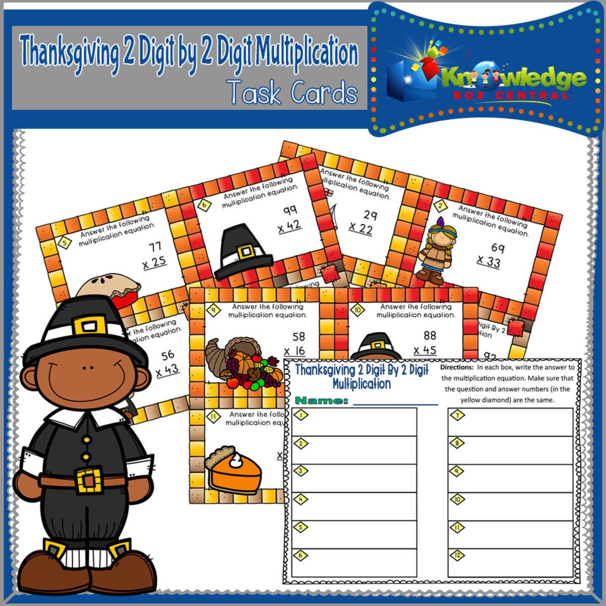 An educational teaching resource from Knowledge Box Central entitled Thanksgiving 2 Digit By 2 Digit Multiplication Task Cards With Response Sheet & Answer Key - EBOOK downloadable at Teach Simple.