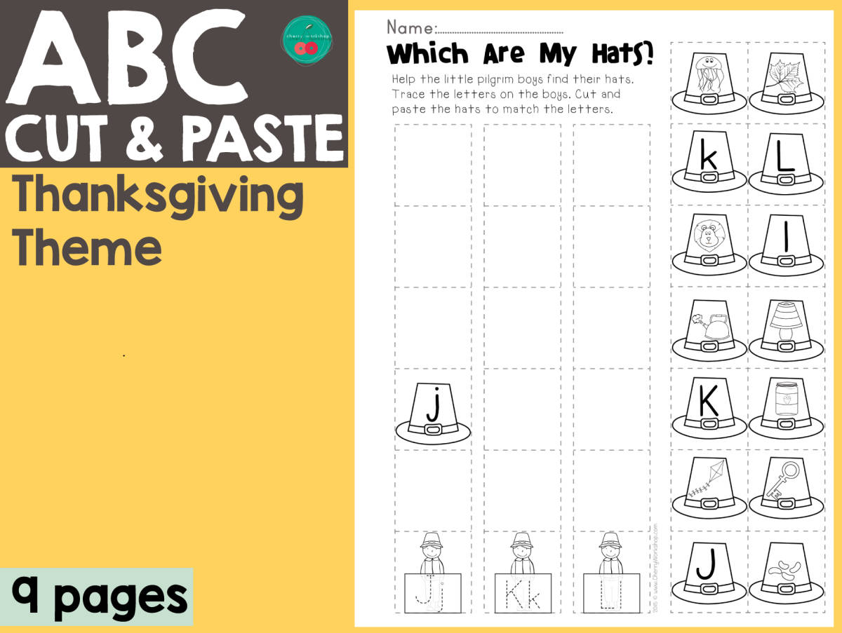 An educational teaching resource from Cherry Workshop entitled Thanksgiving ABC Cut & Paste downloadable at Teach Simple.