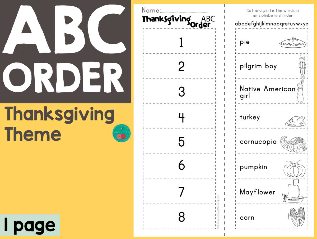 An educational teaching resource from Cherry Workshop entitled Thanksgiving ABC Order downloadable at Teach Simple.