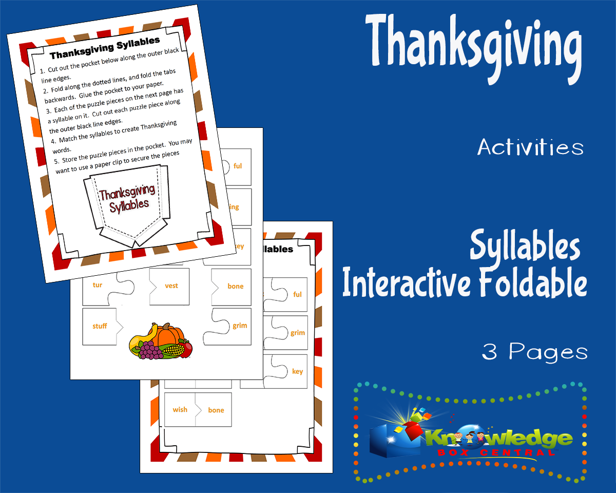 An educational teaching resource from Knowledge Box Central entitled Thanksgiving Activities: Syllables Interactive Foldable & Key downloadable at Teach Simple.