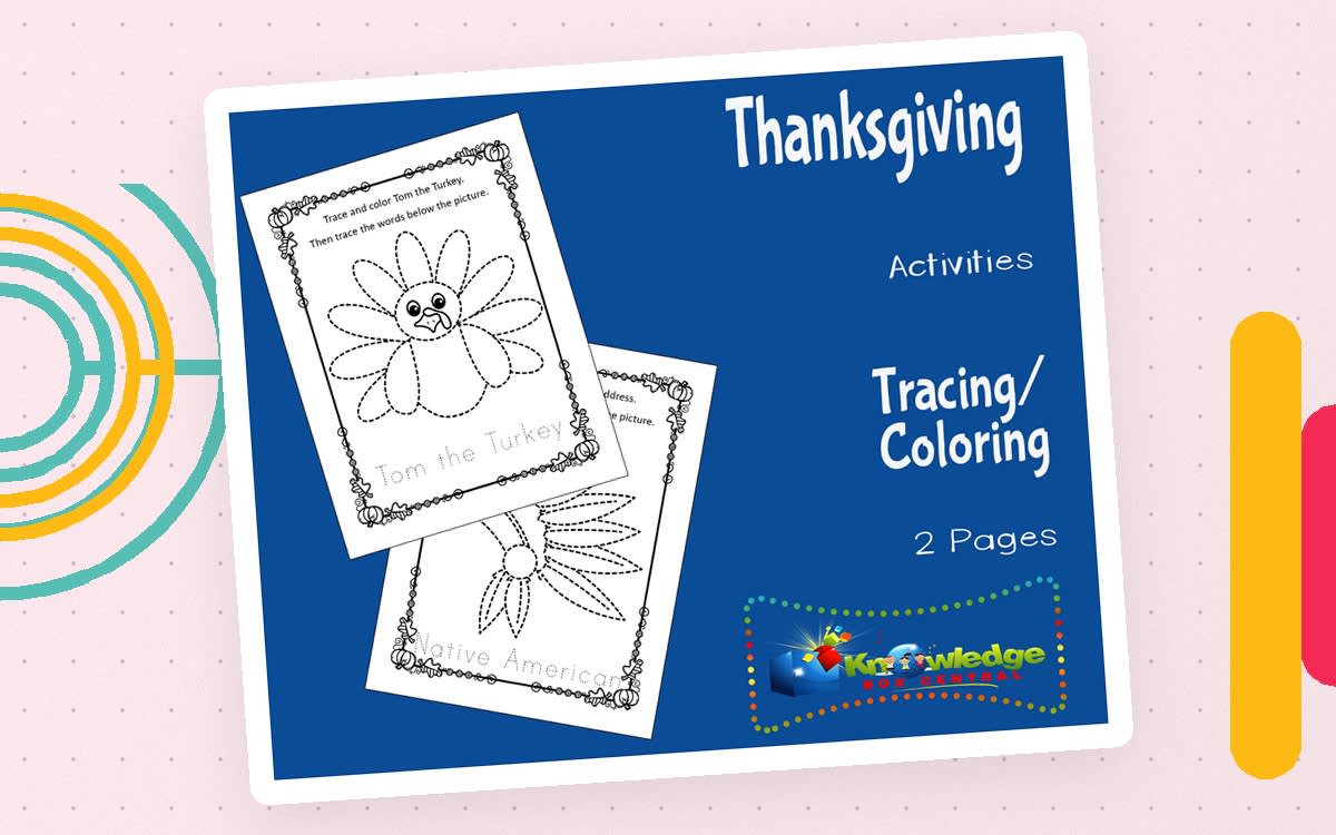 An educational teaching resource from Knowledge Box Central entitled Thanksgiving Activities: Tracing/Coloring downloadable at Teach Simple.