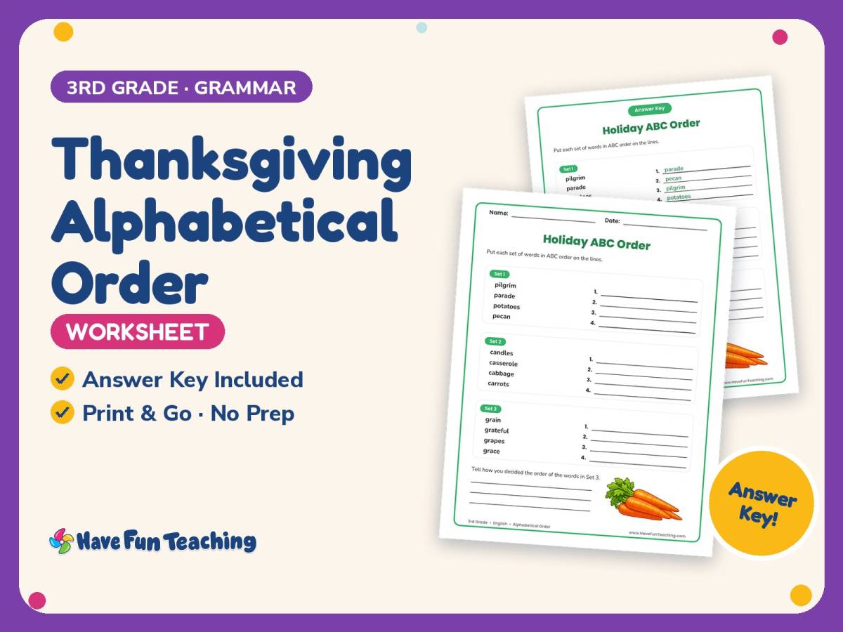 Thanksgiving Alphabetical Order Worksheet – 3rd Grade Grammar Practice preview