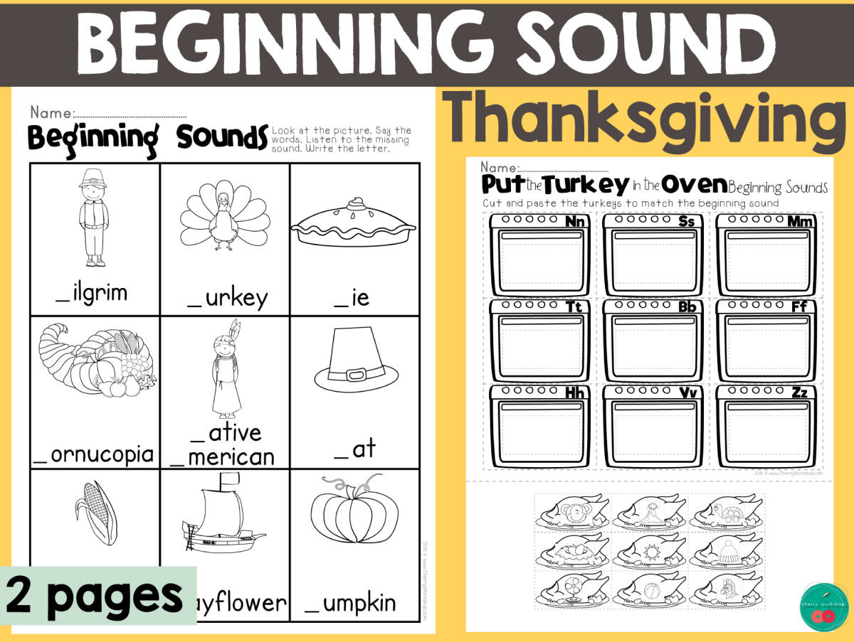 An educational teaching resource from Cherry Workshop entitled Thanksgiving Beginning Sound downloadable at Teach Simple.