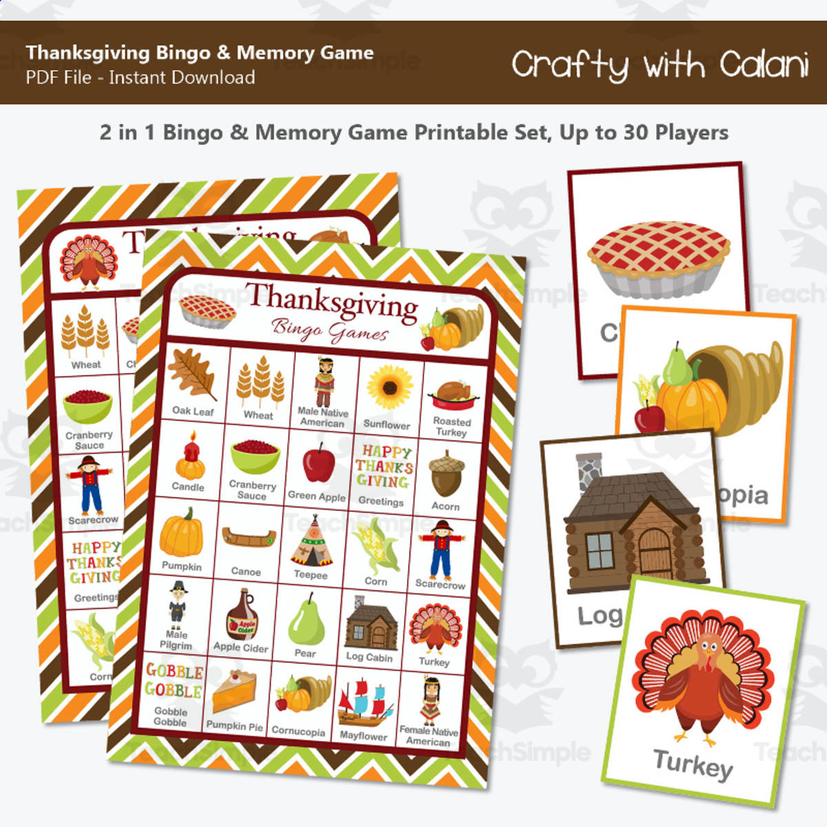 An educational teaching resource from Crafty with Calani entitled Thanksgiving Bingo and Memory Game downloadable at Teach Simple.