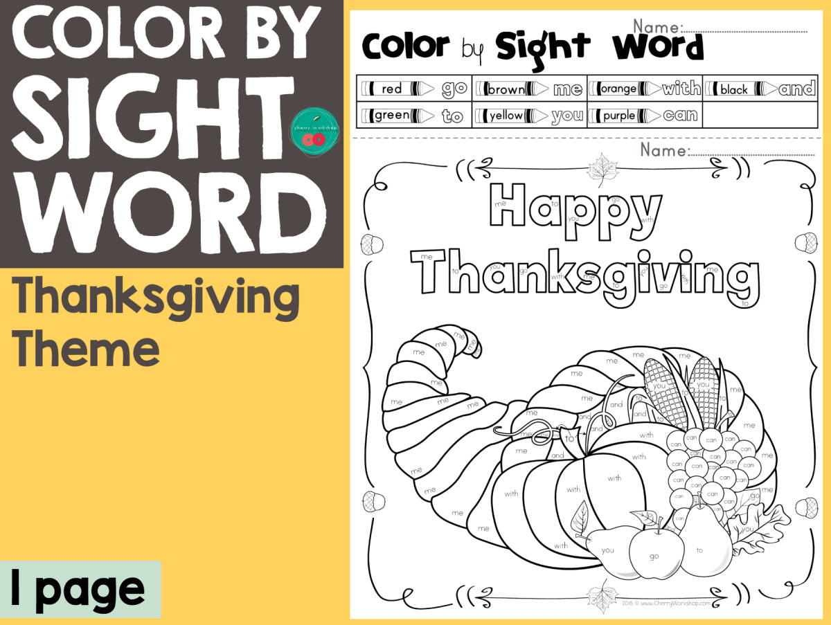 An educational teaching resource from Cherry Workshop entitled Thanksgiving Color by Sight Word downloadable at Teach Simple.