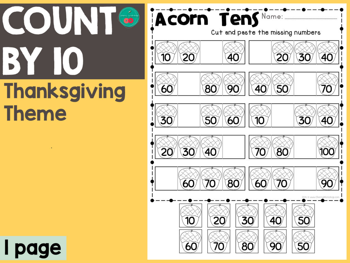 An educational teaching resource from Cherry Workshop entitled Thanksgiving Count By 10 downloadable at Teach Simple.
