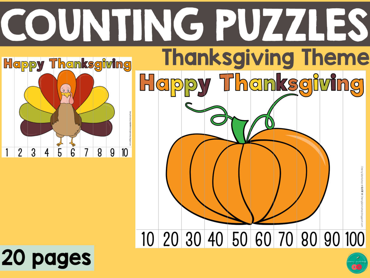 An educational teaching resource from Cherry Workshop entitled Thanksgiving Counting Puzzles downloadable at Teach Simple.