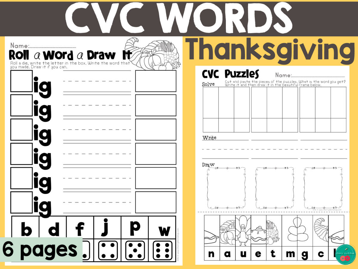 An educational teaching resource from Cherry Workshop entitled Thanksgiving CVC Word Activity Pages downloadable at Teach Simple.
