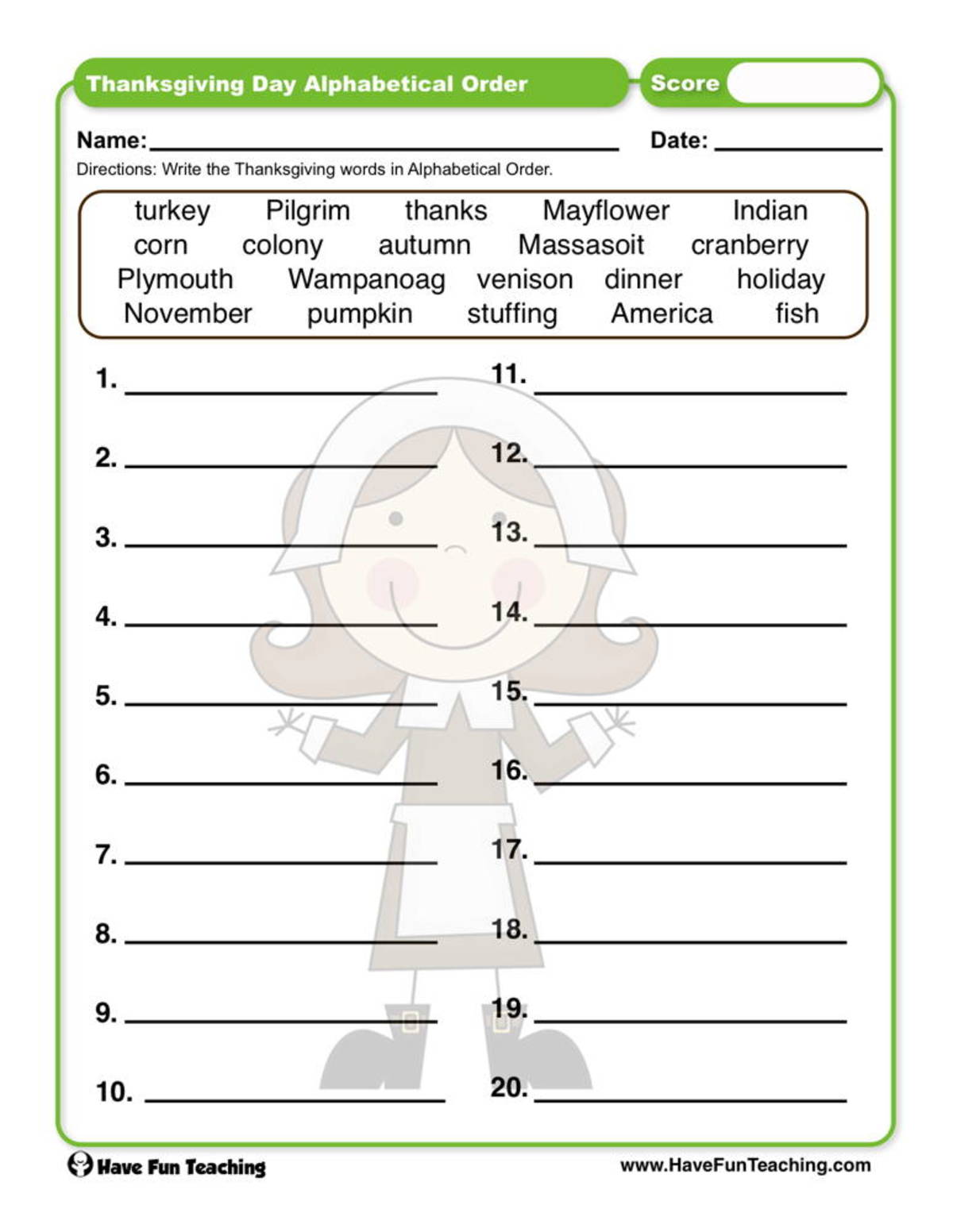 An educational teaching resource from Have Fun Teaching entitled Thanksgiving Day Alphabetical Order Worksheet downloadable at Teach Simple.
