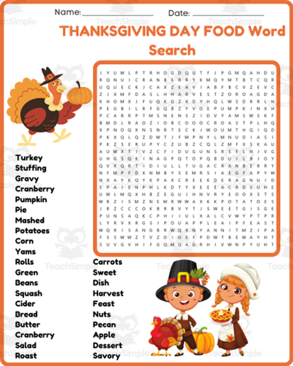 An educational teaching resource from space shope entitled THANKSGIVING DAY FOOD Word Search Puzzle Worksheet activity downloadable at Teach Simple.