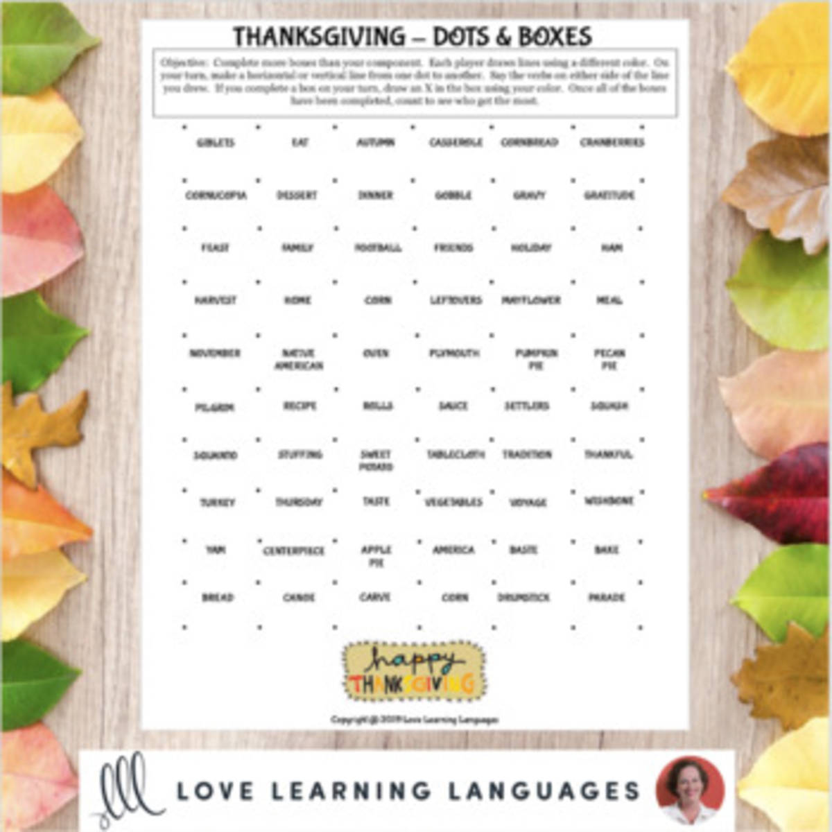 An educational teaching resource from Love Learning Languages entitled Thanksgiving Dots and Boxes Game downloadable at Teach Simple.