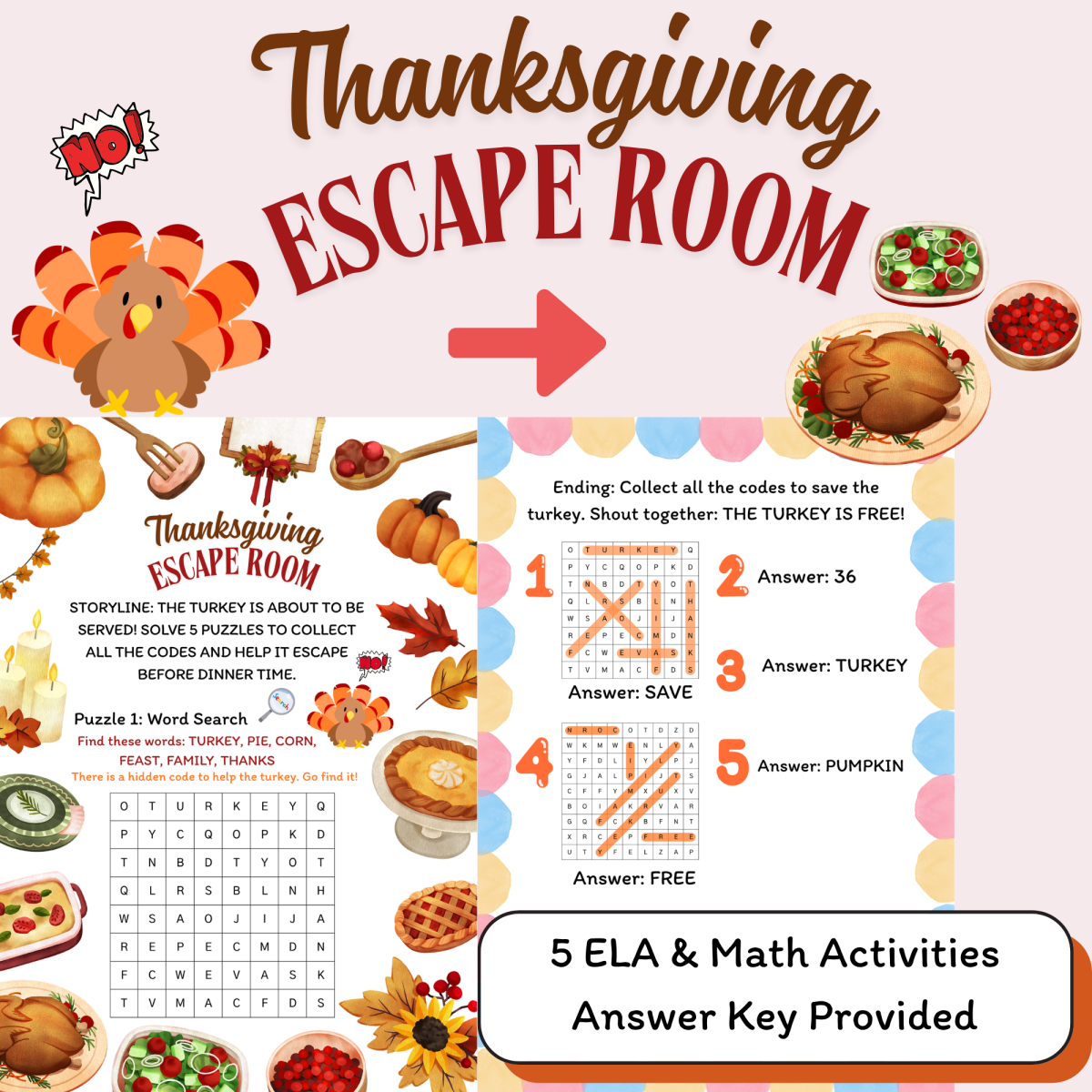 An educational teaching resource from Cutie worksheets986 entitled Thanksgiving Escape Room Puzzles | Holiday Activity Pack downloadable at Teach Simple.