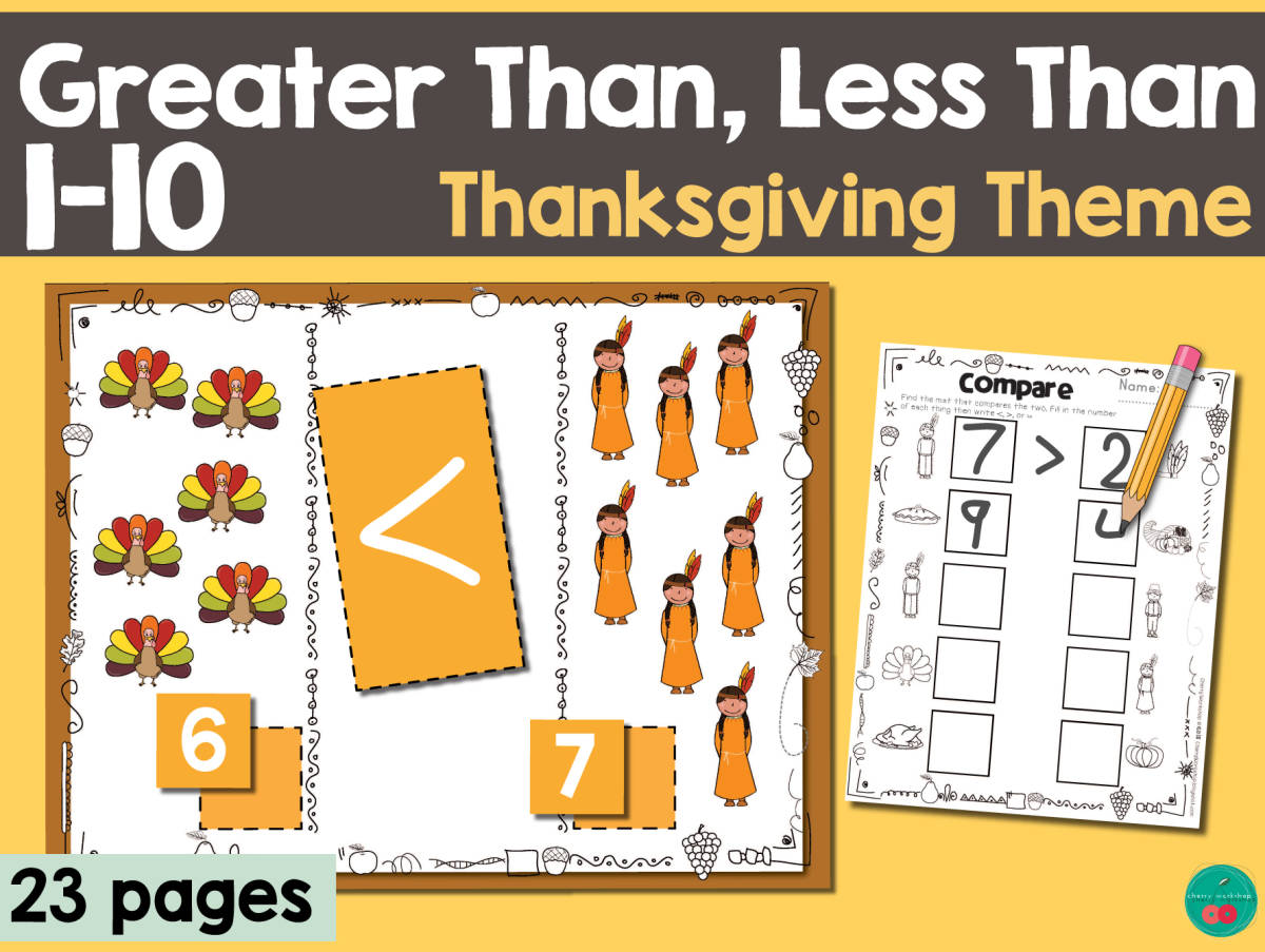 An educational teaching resource from Cherry Workshop entitled Thanksgiving Greater Than Less Than downloadable at Teach Simple.