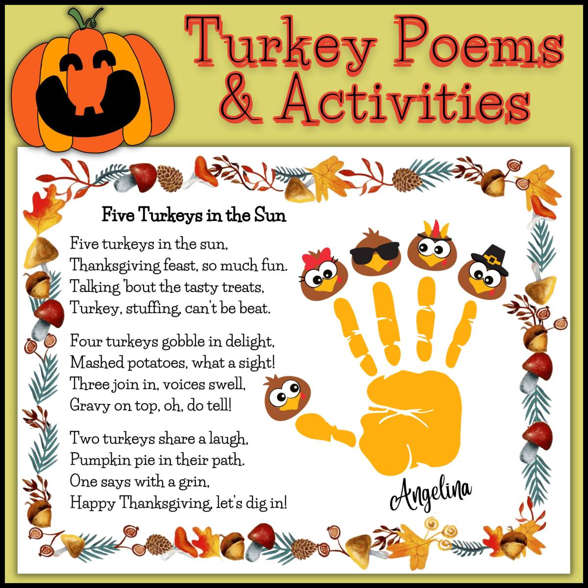 An educational teaching resource from 1 Teaches 2 Learn entitled Thanksgiving Handprint Keepsake Poems and Activities for Kids downloadable at Teach Simple.