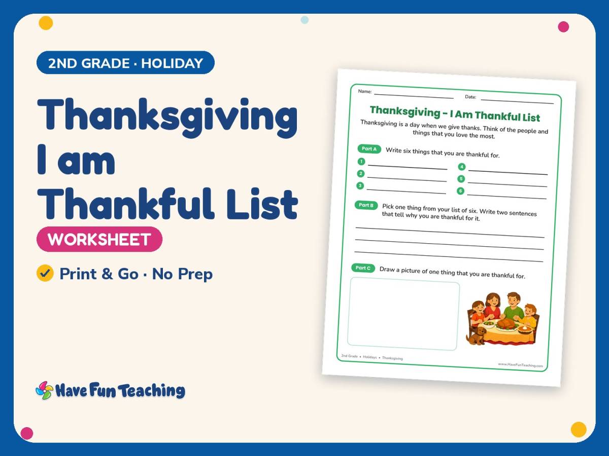 Thanksgiving I am Thankful List Worksheet – 2nd Grade Holiday Practice preview