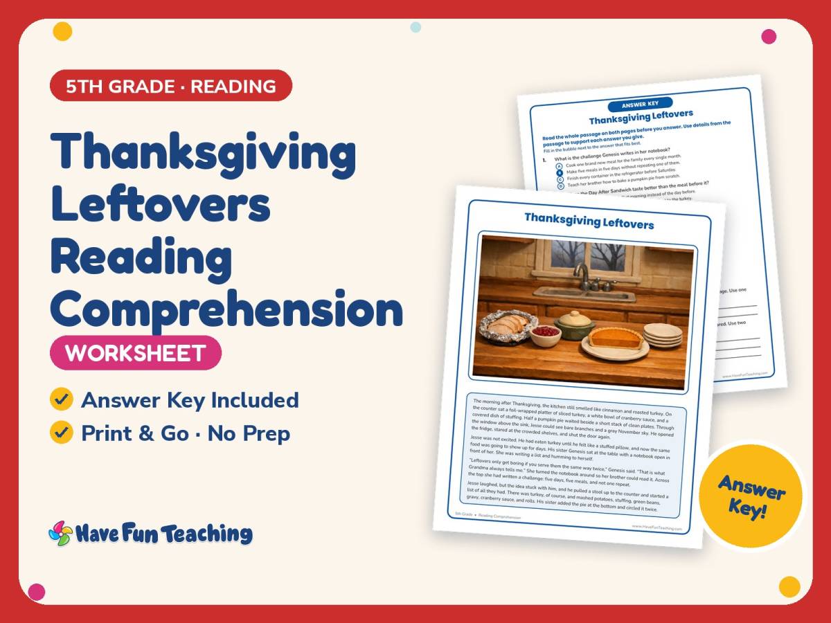 Thanksgiving Leftovers Reading Comprehension Worksheet – 5th Grade preview