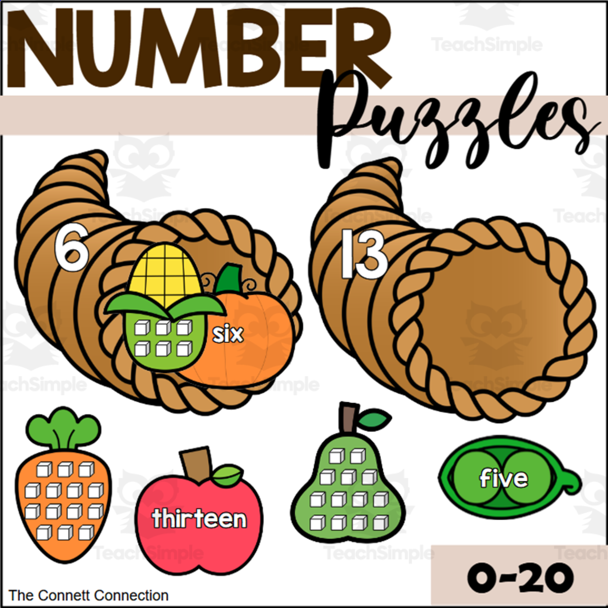 An educational teaching resource from The Connett Connection entitled Thanksgiving Number Puzzles 1-20 downloadable at Teach Simple.