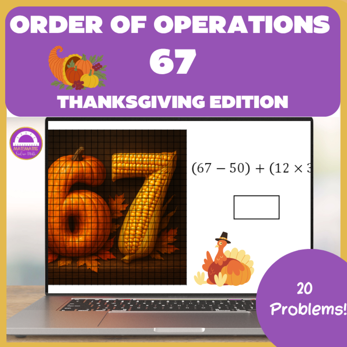 An educational teaching resource from Matemaths entitled Thanksgiving Order of Operations Pixel Art | 67 Meme Math Activity downloadable at Teach Simple.