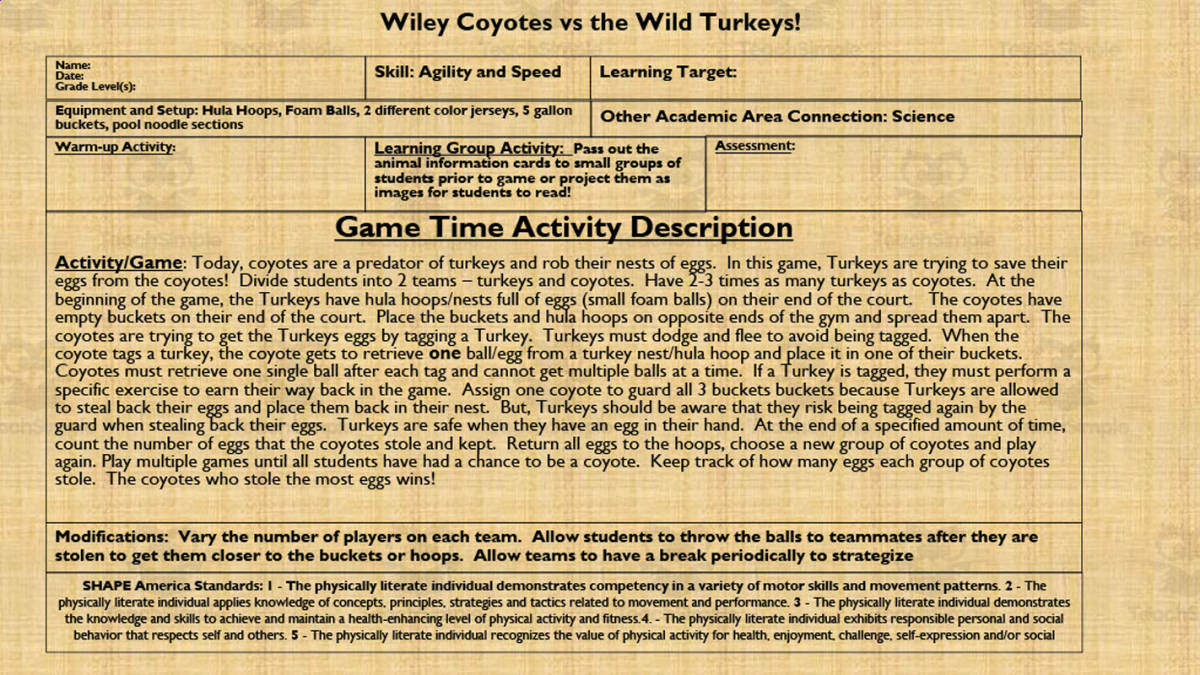 An educational teaching resource from Gems from the Gym entitled Thanksgiving PE Game downloadable at Teach Simple.
