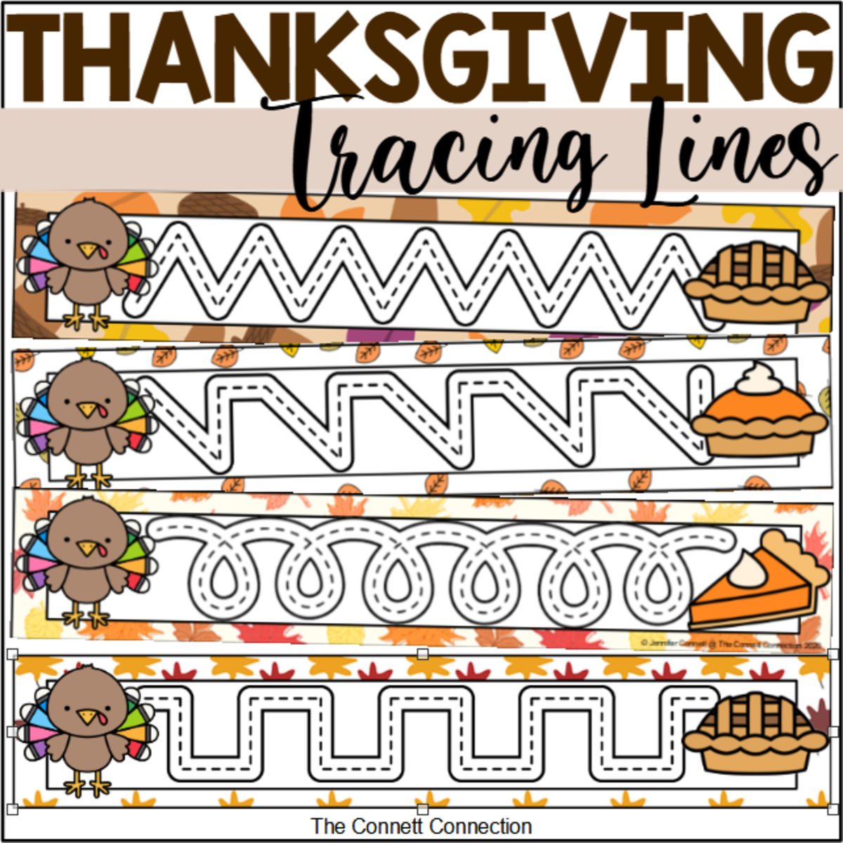 An educational teaching resource from The Connett Connection entitled Thanksgiving Prewriting Tracing Lines with Turkeys downloadable at Teach Simple.