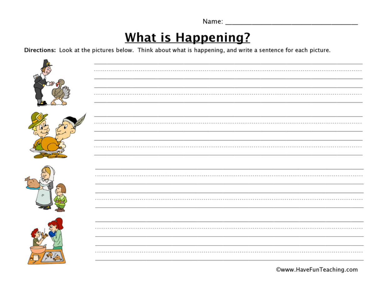 An educational teaching resource from Have Fun Teaching entitled Thanksgiving Sentence Writing Worksheet downloadable at Teach Simple.
