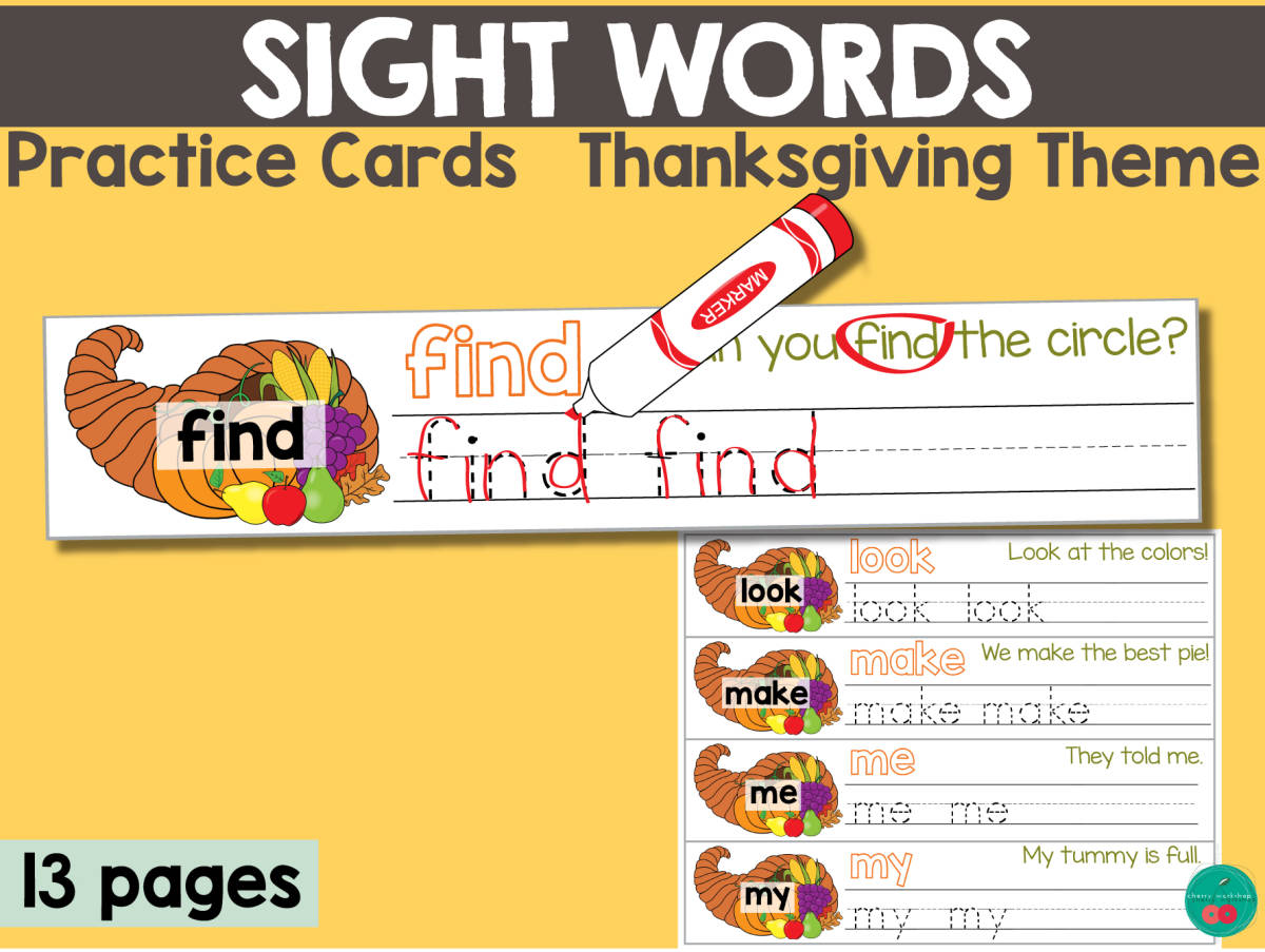 An educational teaching resource from Cherry Workshop entitled Thanksgiving Sight Words downloadable at Teach Simple.