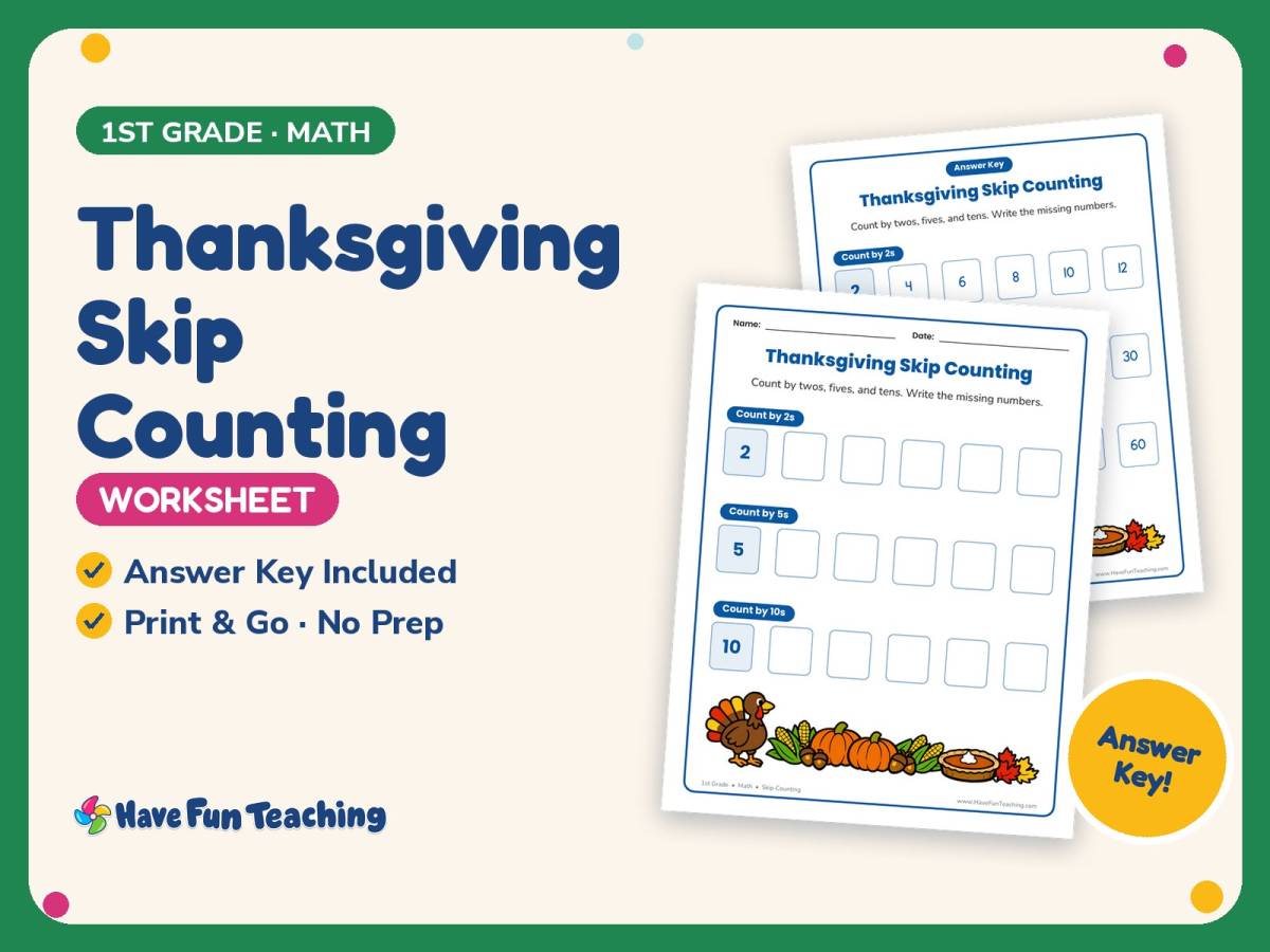 Thanksgiving Skip Counting Worksheet – 1st Grade Math Practice preview