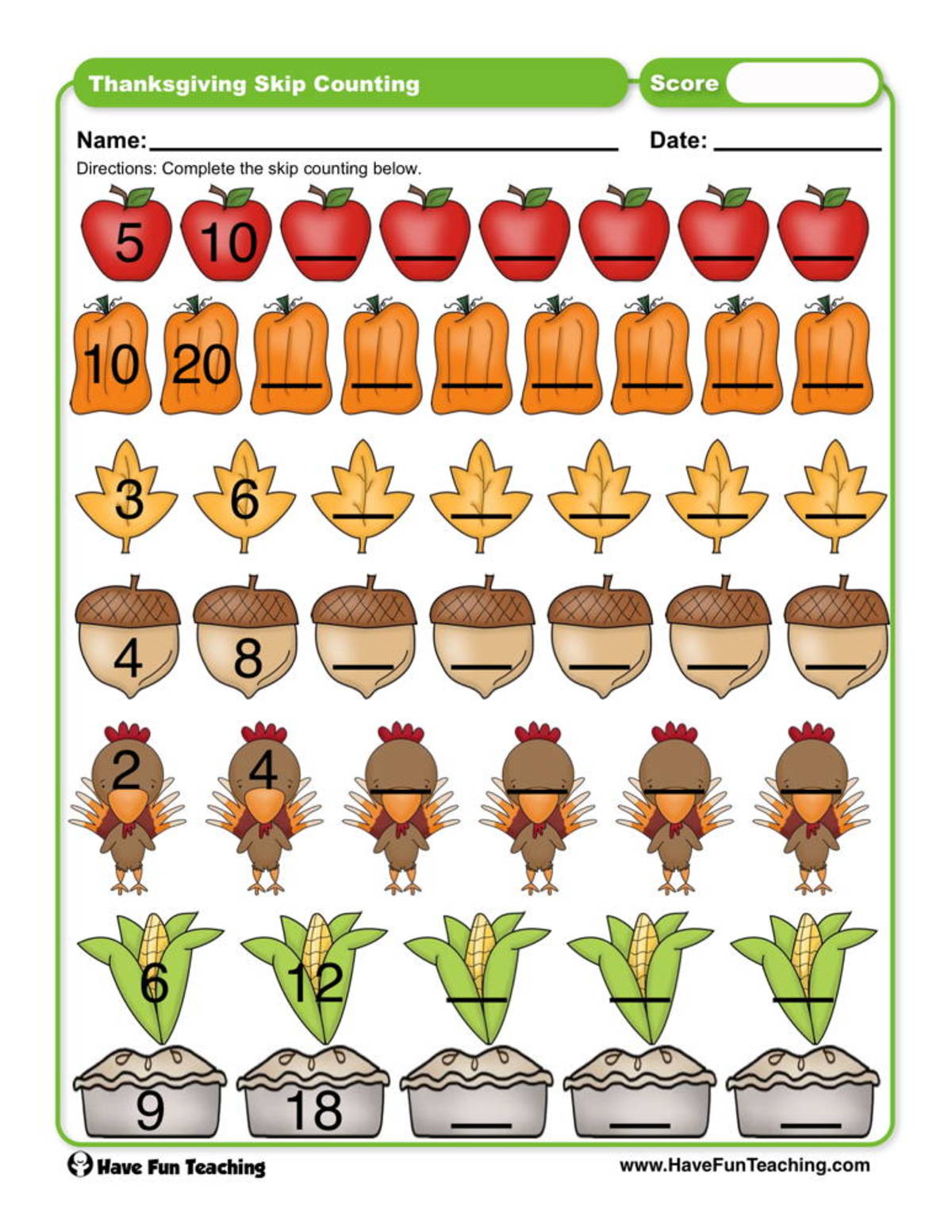 An educational teaching resource from Have Fun Teaching entitled Thanksgiving Skip Counting Worksheet downloadable at Teach Simple.