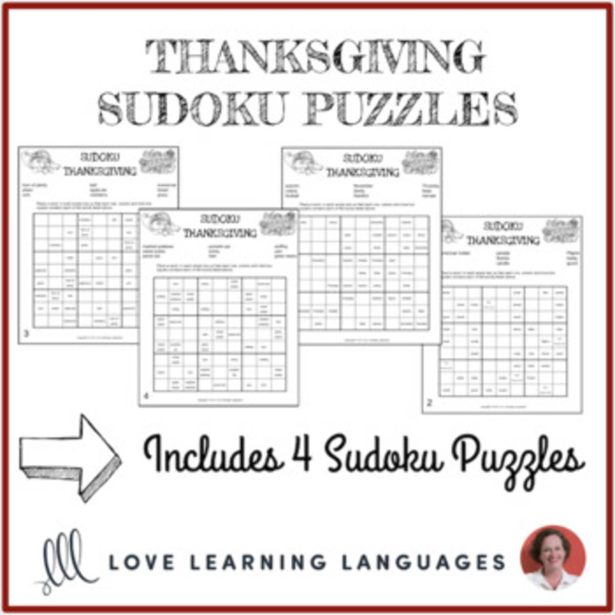 An educational teaching resource from Love Learning Languages entitled Thanksgiving Sudoko Puzzles downloadable at Teach Simple.