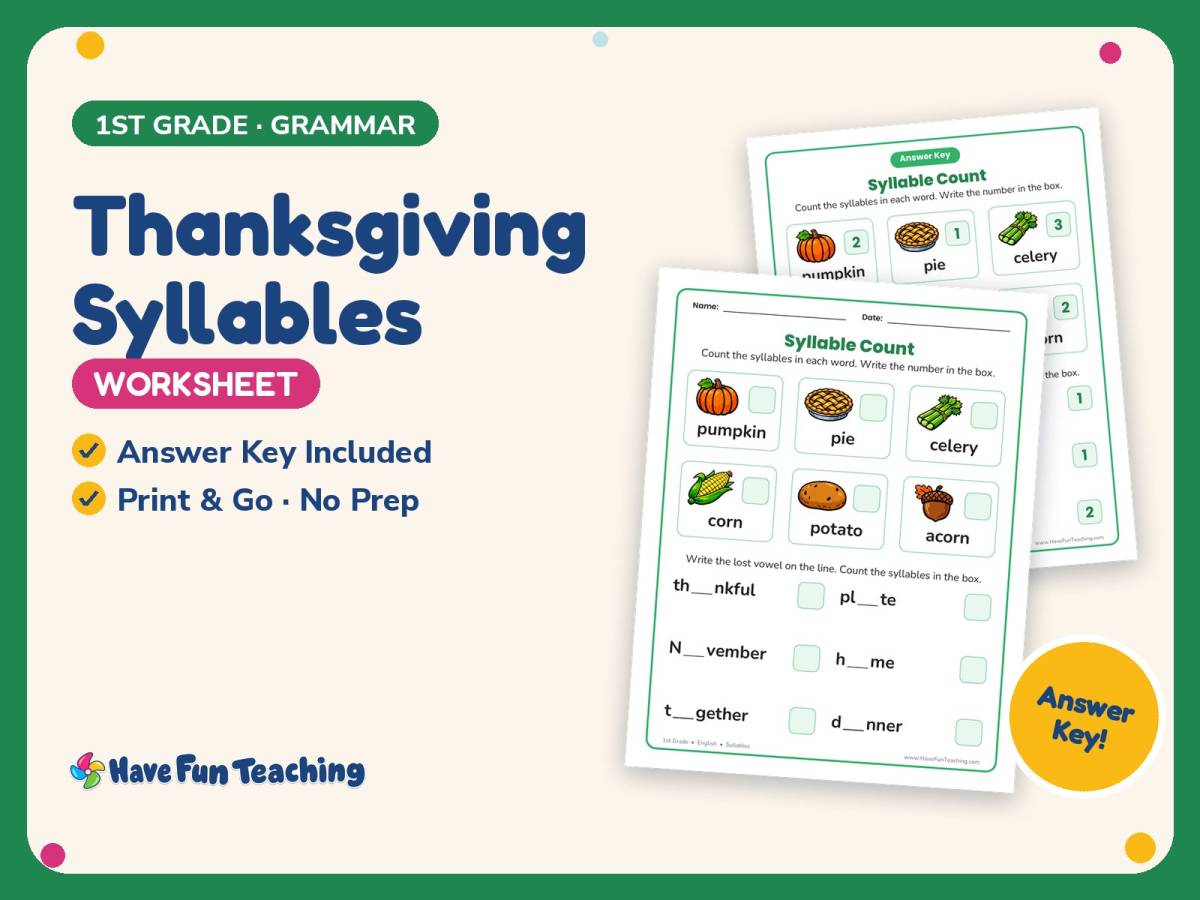 Thanksgiving Syllables Worksheet – 1st Grade Grammar Practice preview