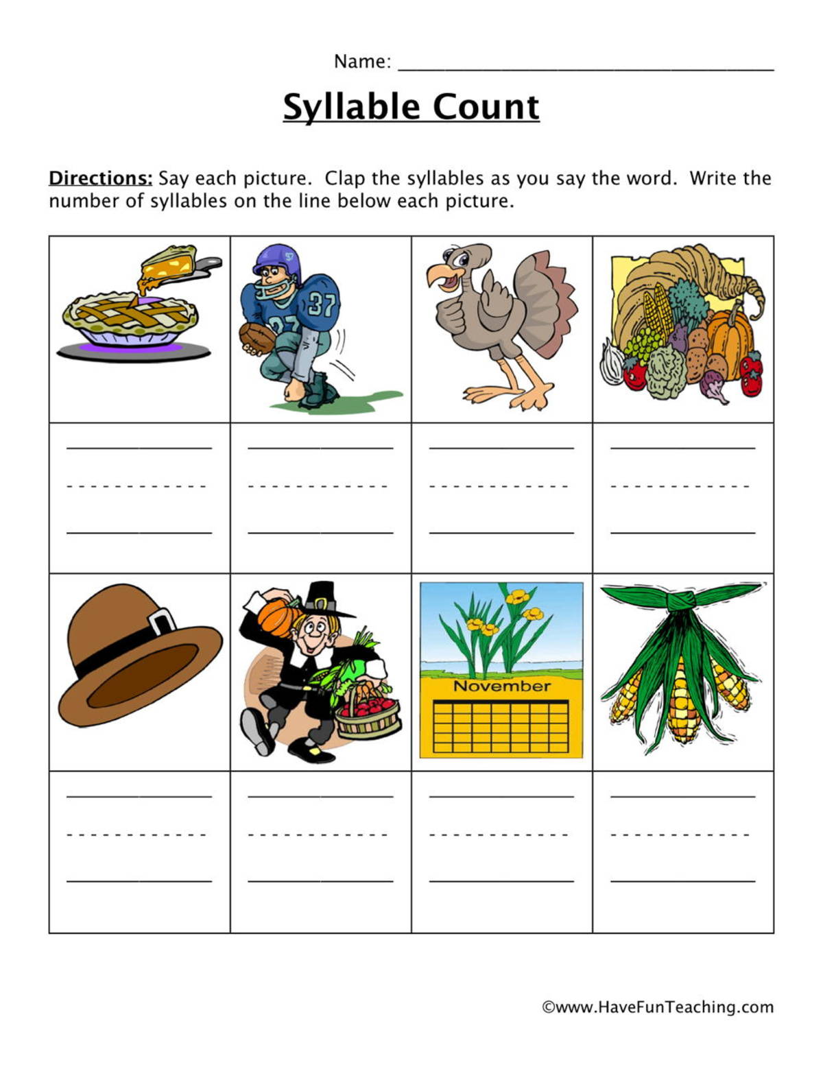 An educational teaching resource from Have Fun Teaching entitled Thanksgiving Syllables Worksheet downloadable at Teach Simple.