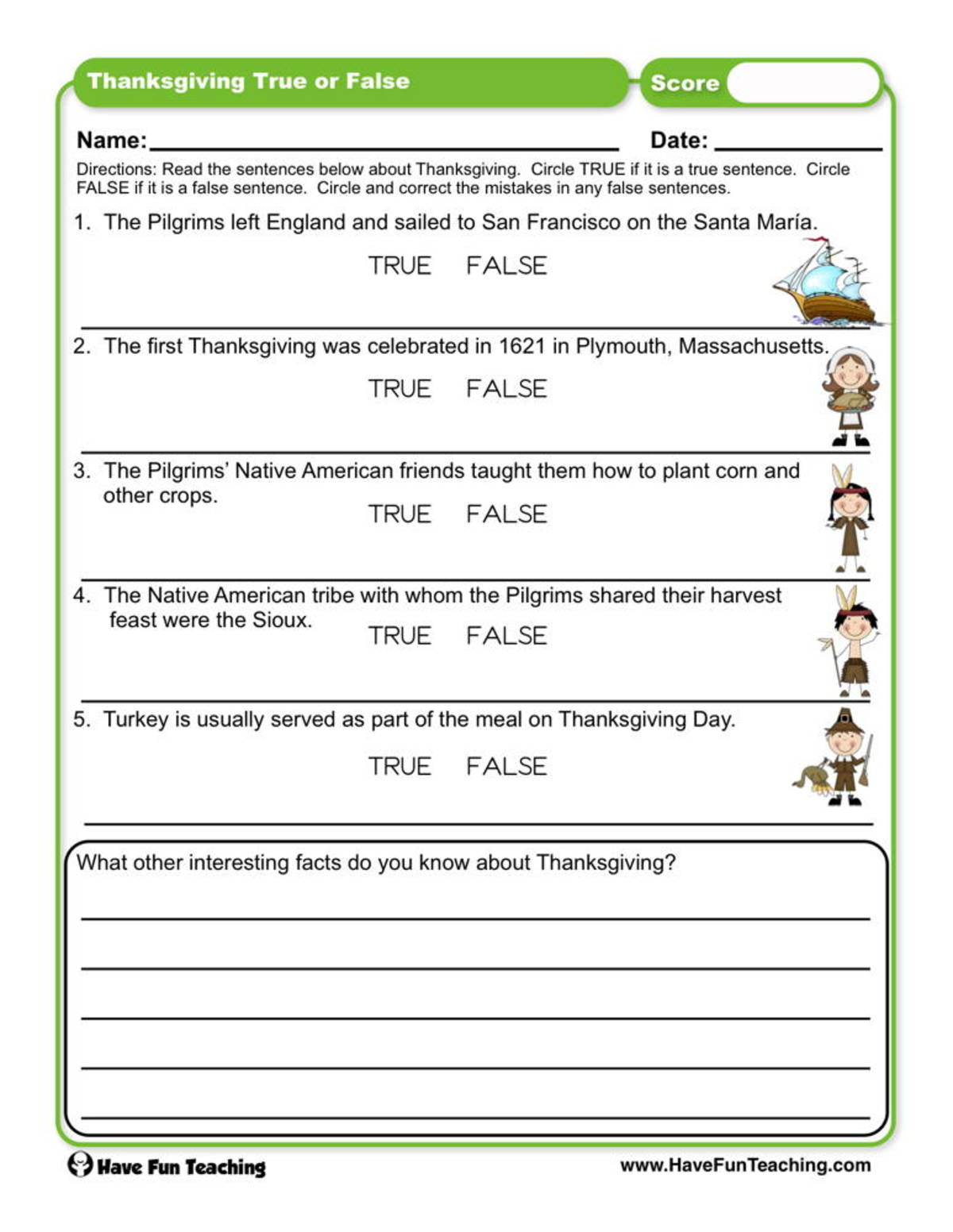 An educational teaching resource from Have Fun Teaching entitled Thanksgiving True or False Worksheet downloadable at Teach Simple.