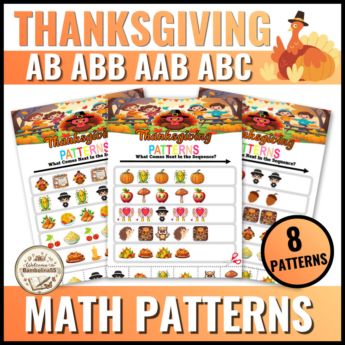 Thanksgiving Turkey Finish the Pattern Worksheets Activity for PreK Ki preview