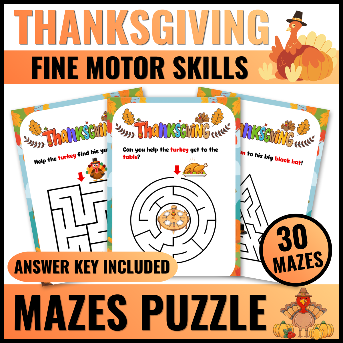 Thanksgiving Turkey Mazes for Preschool and Kindergarten Fun Printable preview