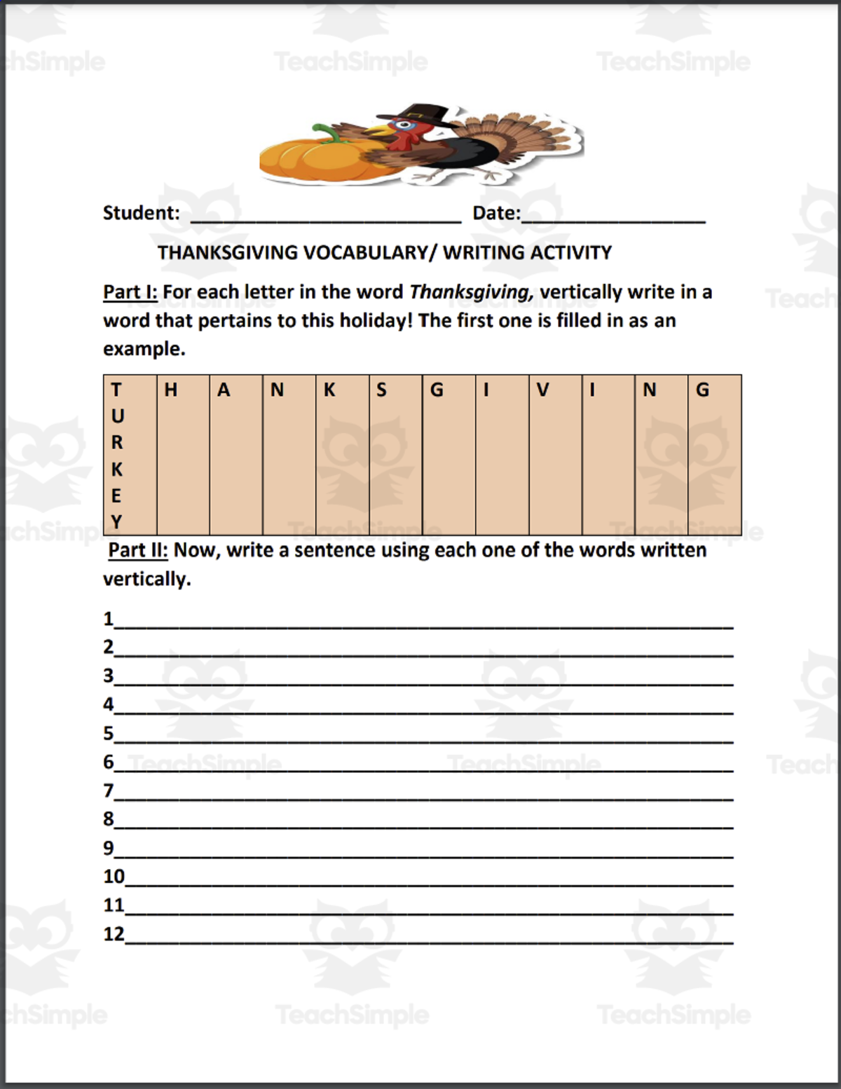 An educational teaching resource from THE LANTERN OF KNOWLEDGE entitled Thanksgiving Vocabulary and Writing Activity downloadable at Teach Simple.