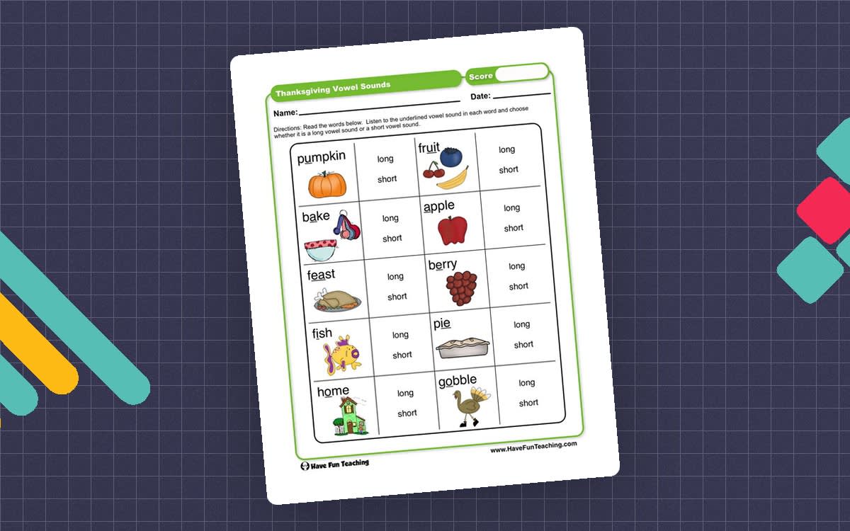 An educational teaching resource from Have Fun Teaching entitled Thanksgiving Vowel Sounds Worksheet downloadable at Teach Simple.