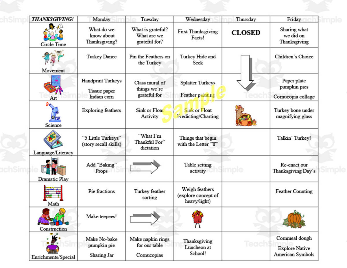 An educational teaching resource from Learning Foundations entitled Thanksgiving Week-Long Lesson Plan Template downloadable at Teach Simple.