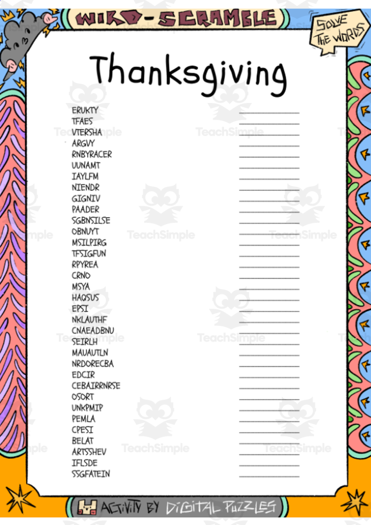 An educational teaching resource from Lapiiin Art Activities entitled Thanksgiving word Scramble puzzle worksheet downloadable at Teach Simple.