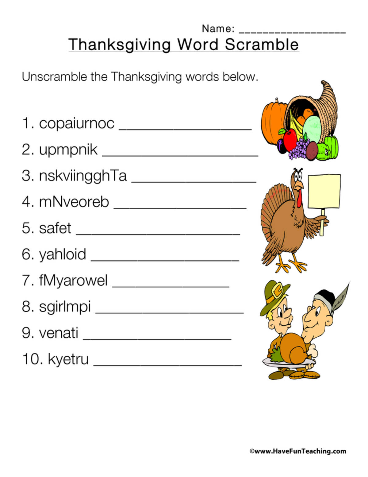 An educational teaching resource from Have Fun Teaching entitled Thanksgiving Word Scramble Worksheet downloadable at Teach Simple.