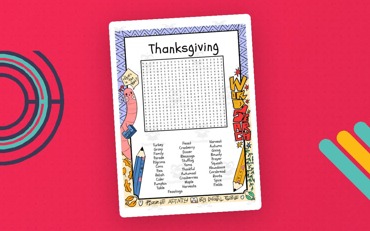 An educational teaching resource from Lapiiin Art Activities entitled Thanksgiving word search puzzle worksheet activity downloadable at Teach Simple.