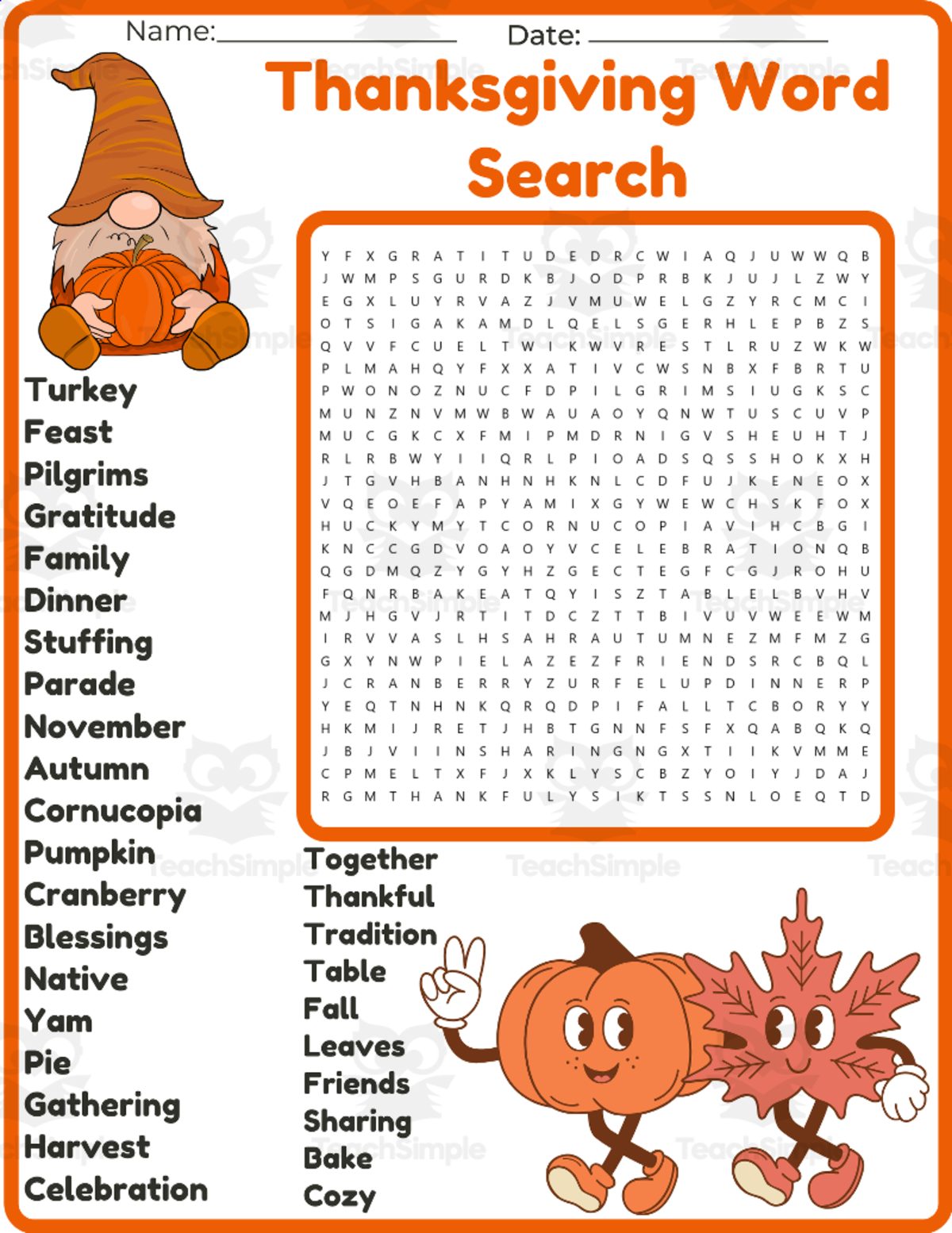 An educational teaching resource from space shope entitled Thanksgiving Word Search worksheet activity downloadable at Teach Simple.