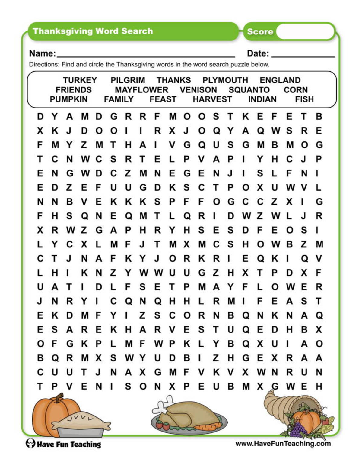 An educational teaching resource from Have Fun Teaching entitled Thanksgiving Words Search Worksheet downloadable at Teach Simple.