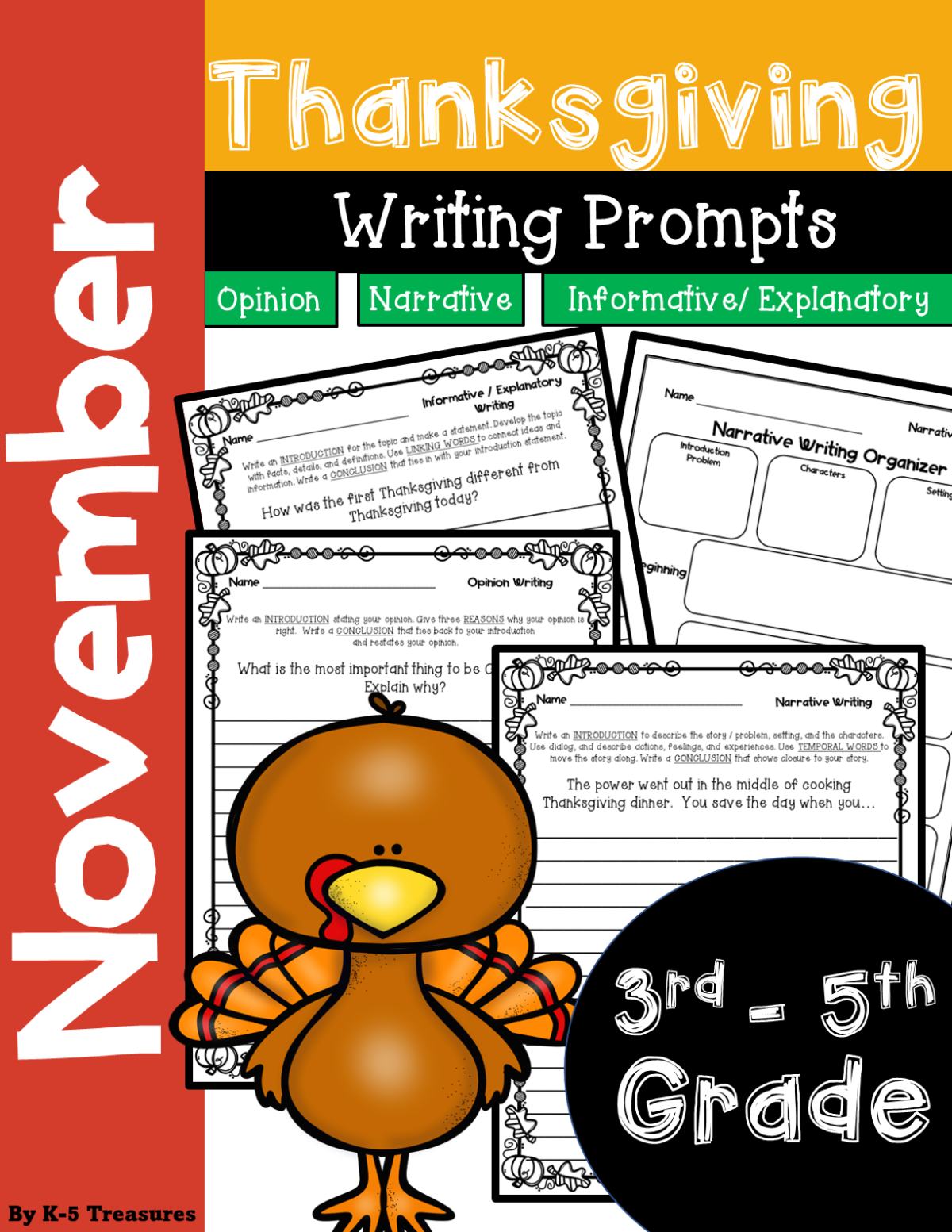 An educational teaching resource from K-5 Treasures entitled Thanksgiving Writing Prompts for 3rd-5th Grade downloadable at Teach Simple.